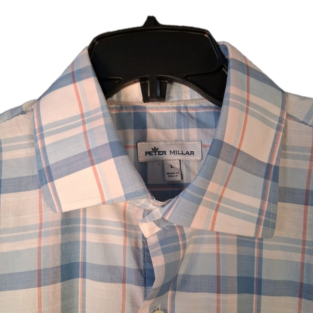 Peter Millar Men's Large Long Sleeve Plaid Stretch Shirt Blue White - Picture 7 of 14